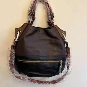 Chic Brown and Black Shoulder Bag with Structured Design